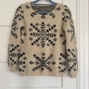 finn & clover Cream and Black Fuzzy Snowflake Crewneck Sweater